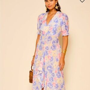Floral V-Neck Ruffle Midi Dress in Pastel Lilac and Pink